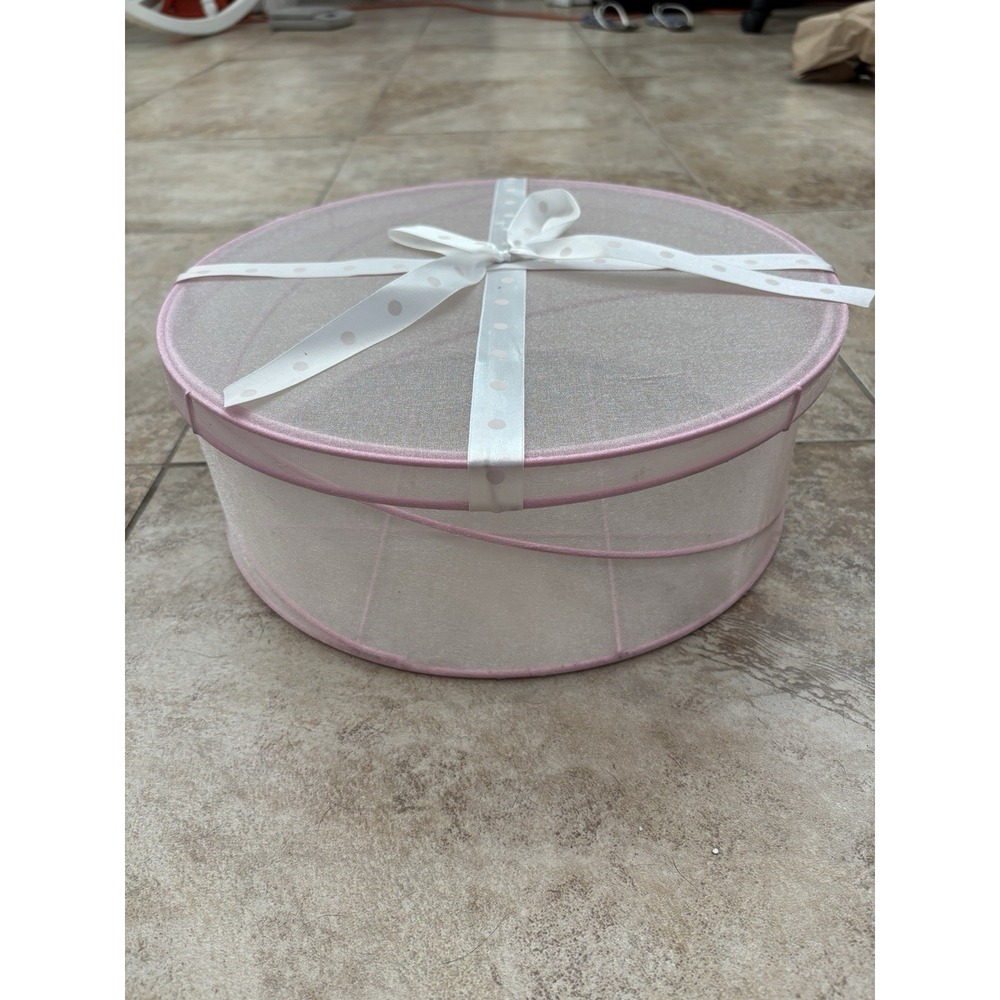 Pink Mesh Organza Round Gift Box Storage Basket w Lid Ribbon Bow 12" Collapsible